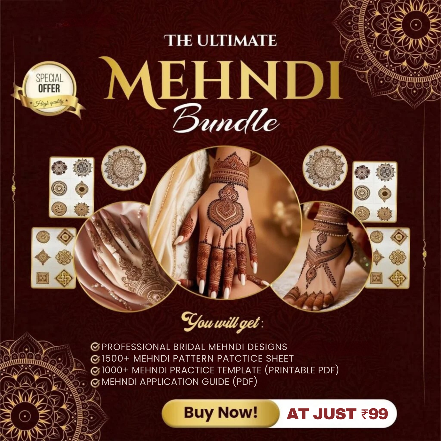 Ultimate Mehndi bundle offer with bridal henna designs, practice sheets, and templates for ₹99