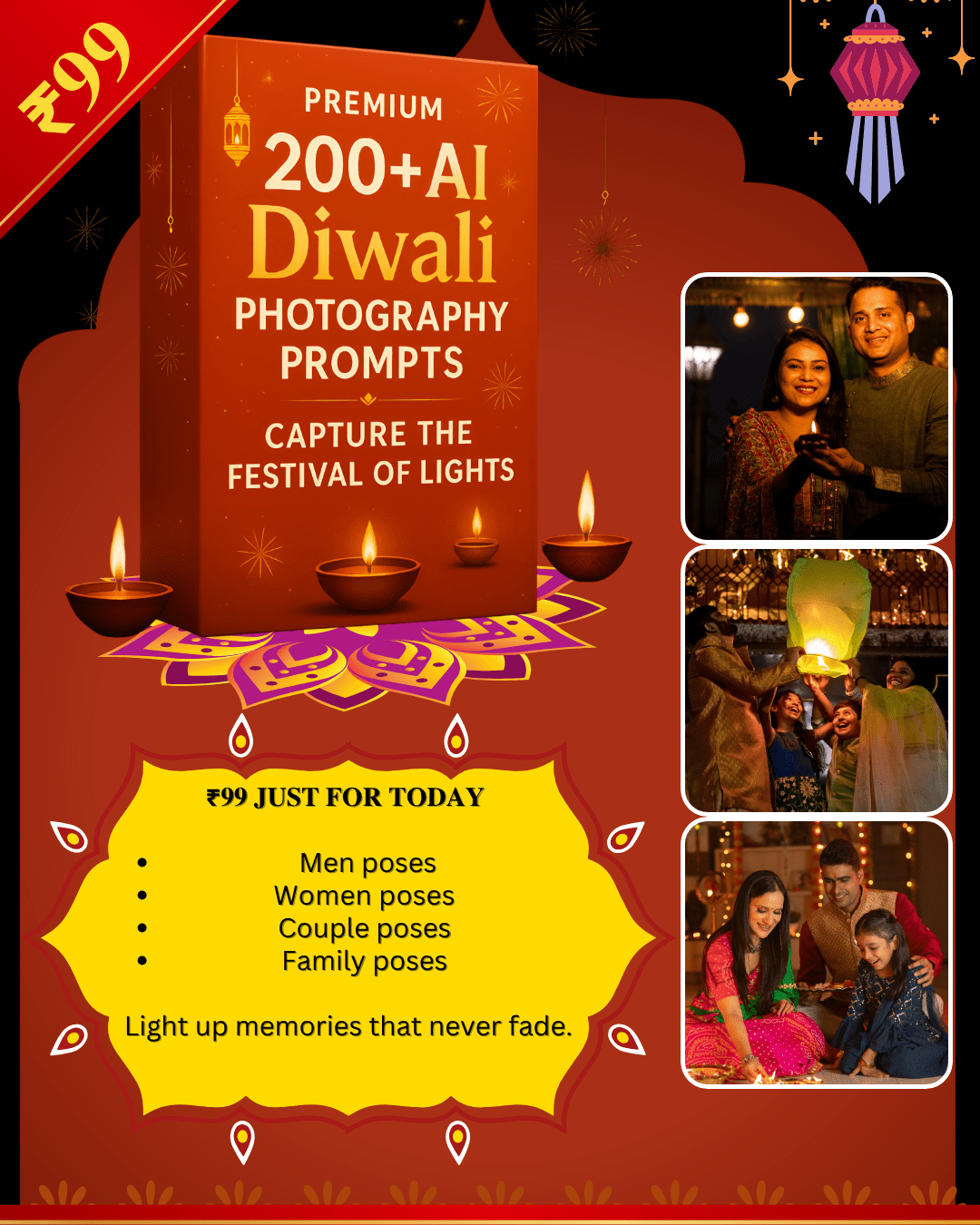 Premium 200+ AI Diwali photography prompts ad with festive family photos and diyas