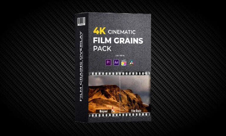 4K cinematic film grains pack box with mountain image, editing software icons, black background
