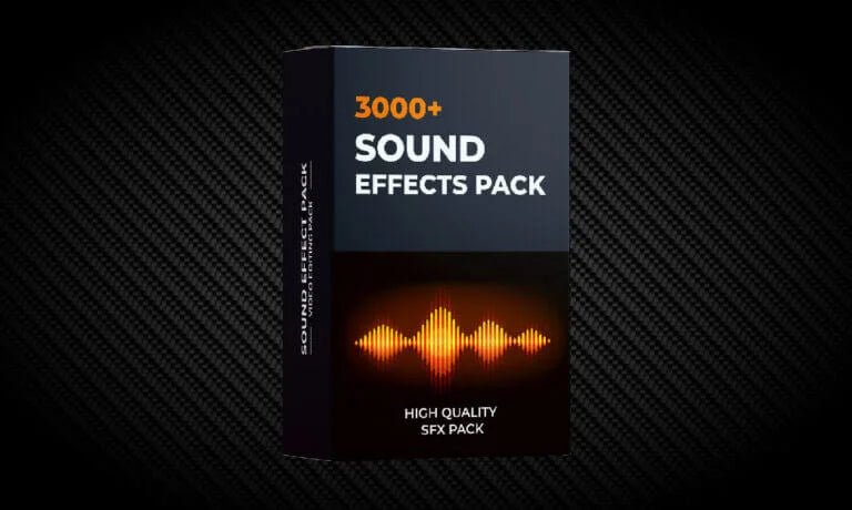 3000+ sound effects pack box with audio waveform on black carbon fiber background