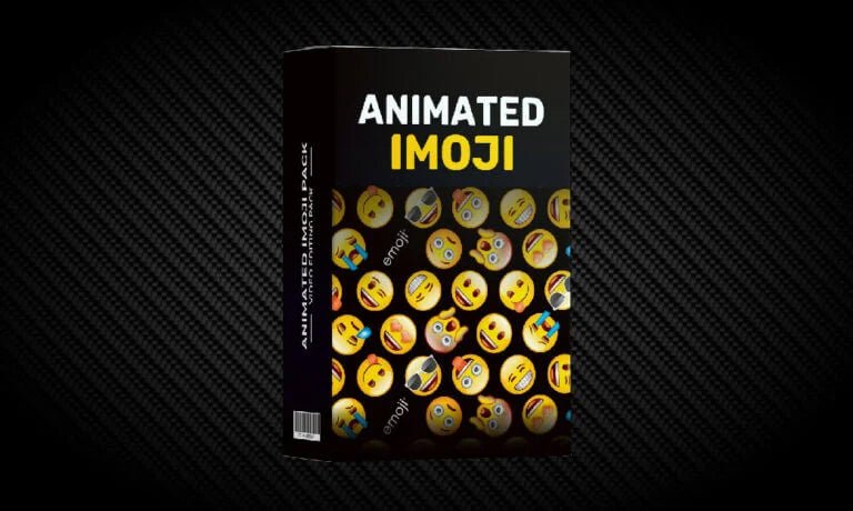 Animated Imoji emoji pack box with various colorful emoji faces on a dark diagonal background