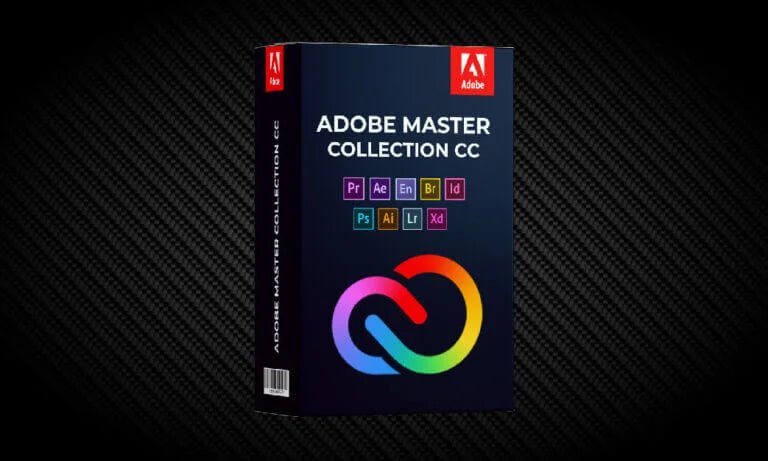 Adobe Master Collection CC software box with logo and icons on a black gradient background