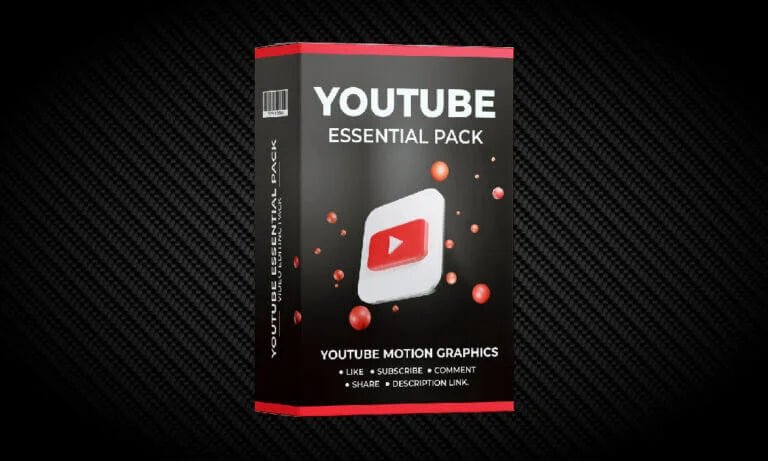 YouTube Essential Pack box with logo and motion graphics icons on black background