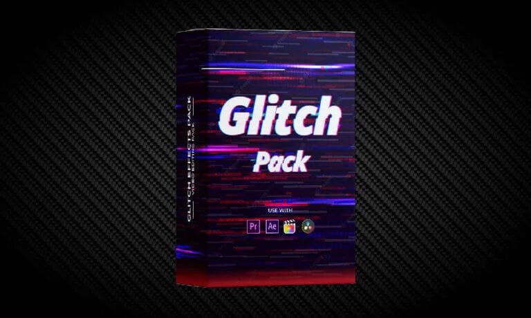 Glitch Pack product box with glitch effect design, compatible with Premiere Pro and After Effects.