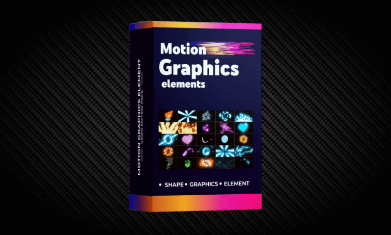 Motion graphics elements software box with colorful animation icons on a dark gradient background