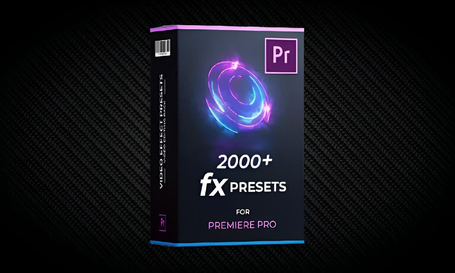 Premiere Pro 2000+ fx presets video effect pack box on black textured background