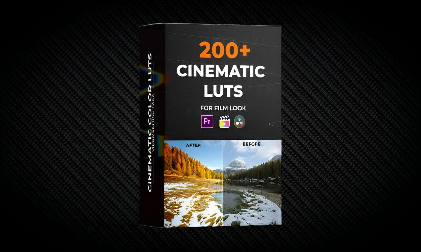 Box for 200+ cinematic LUTs for film look with before and after landscape photo, Premiere Pro and Final Cut icons