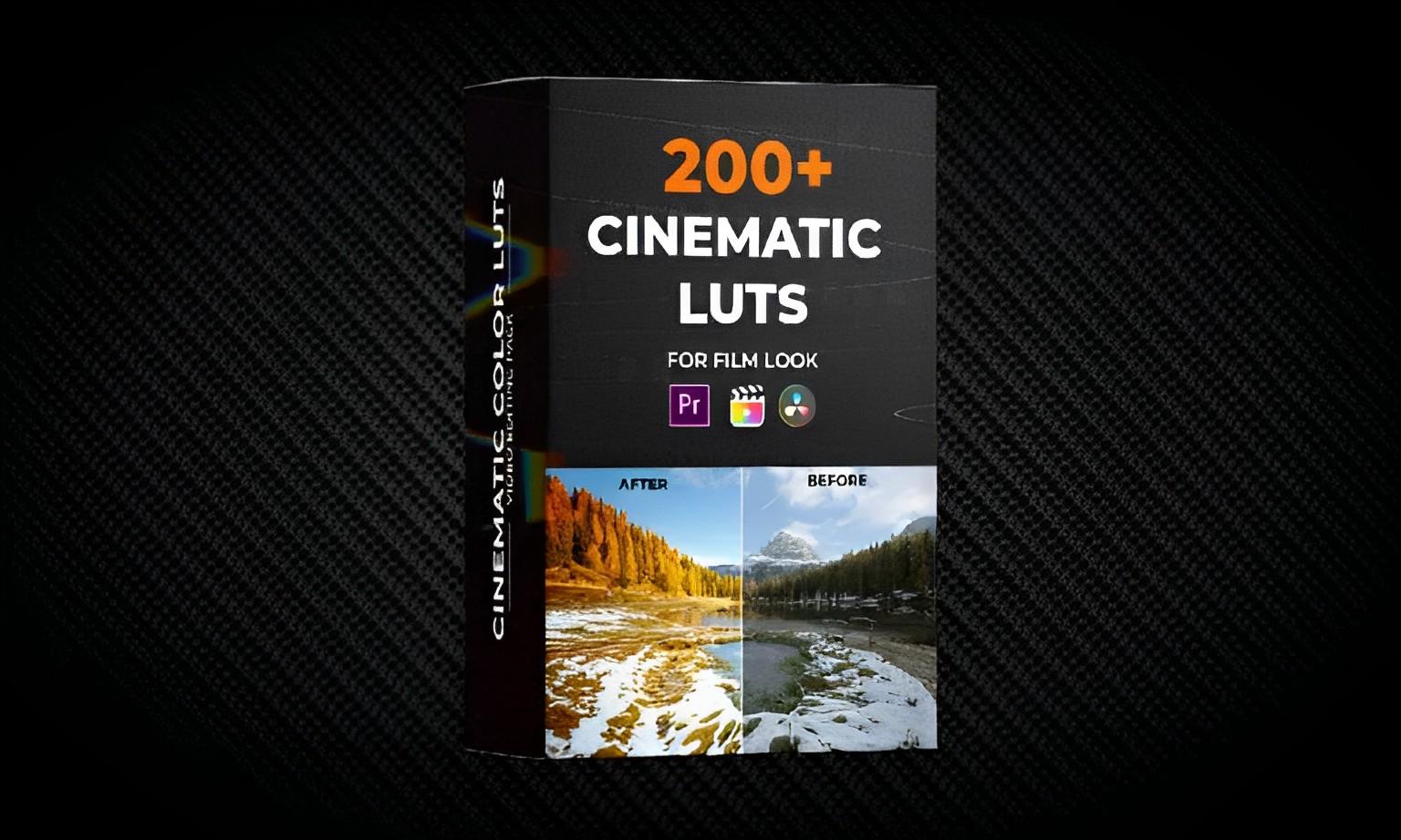 Box for 200+ cinematic LUTs for film look with before and after landscape photo, Premiere Pro and Final Cut icons