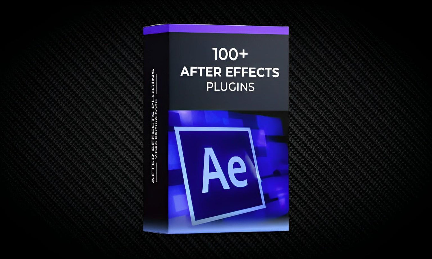 Box with 100+ After Effects plugins text and Ae logo on a dark patterned background.