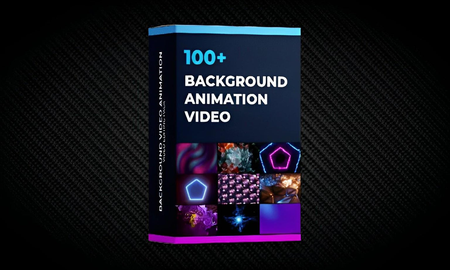 100+ background animation video box with colorful abstract animation thumbnails on dark textured background