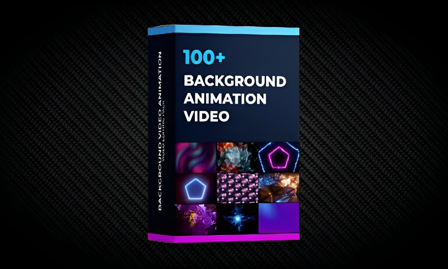 100+ background animation video box with colorful abstract animation thumbnails on dark textured background