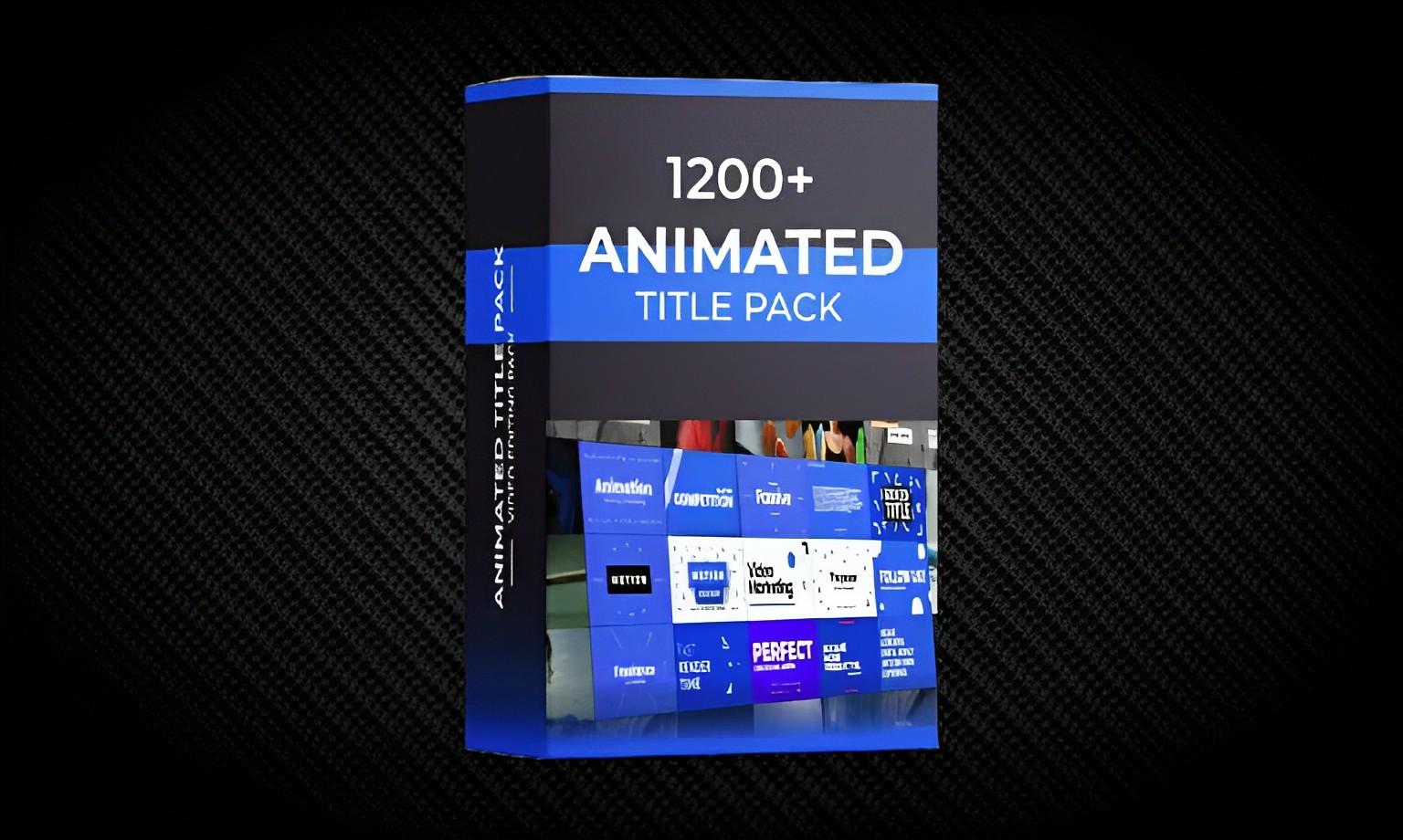 Box displaying 1200+ animated title pack for video editing on dark textured background