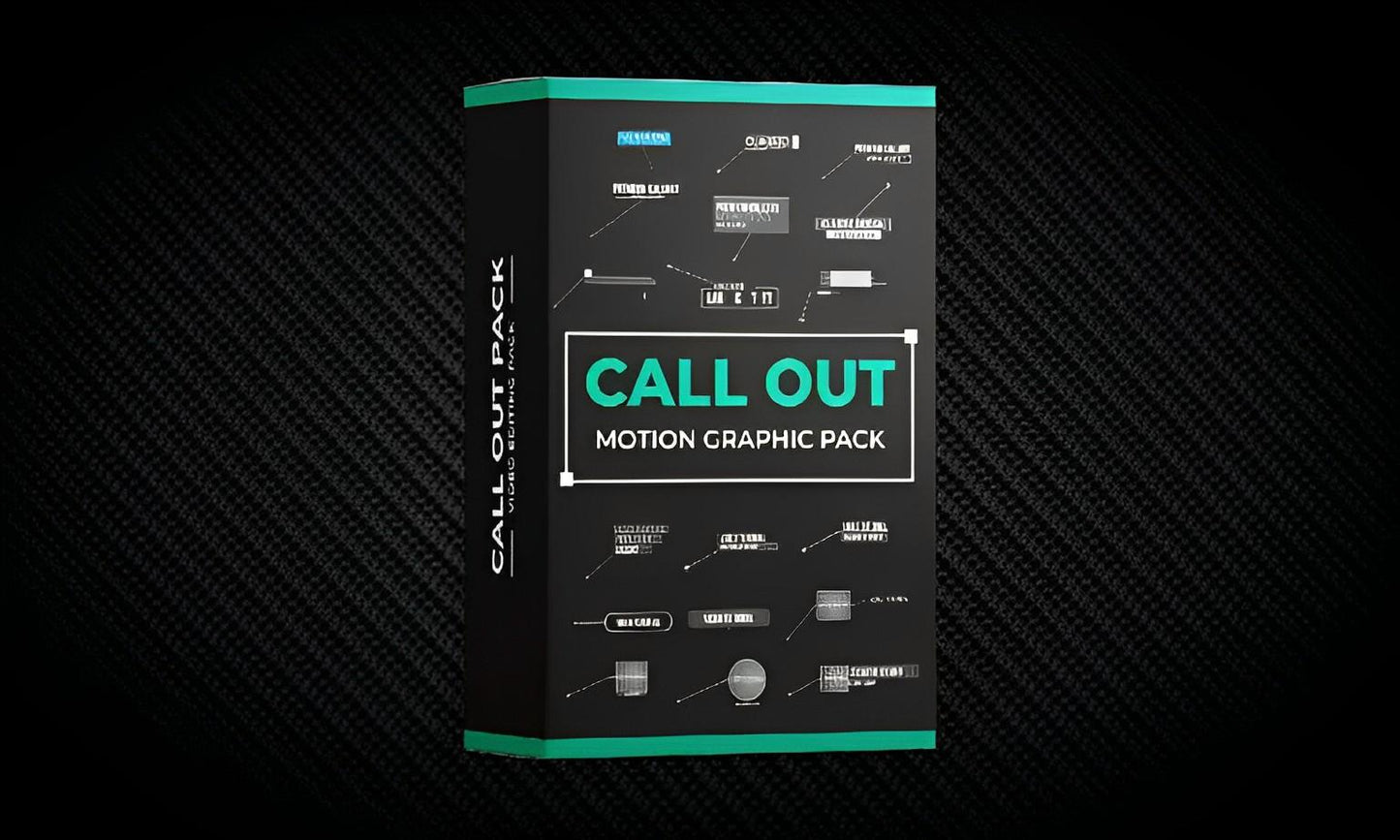 Call Out Motion Graphic Pack software box on black textured background
