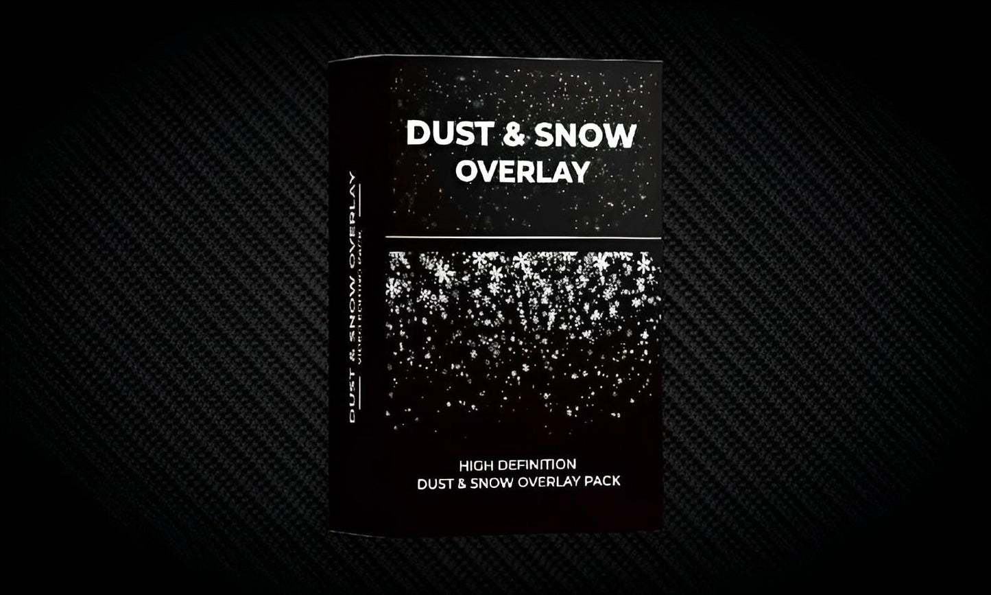 Dust and snow overlay pack box on dark textured background, high definition photo effect