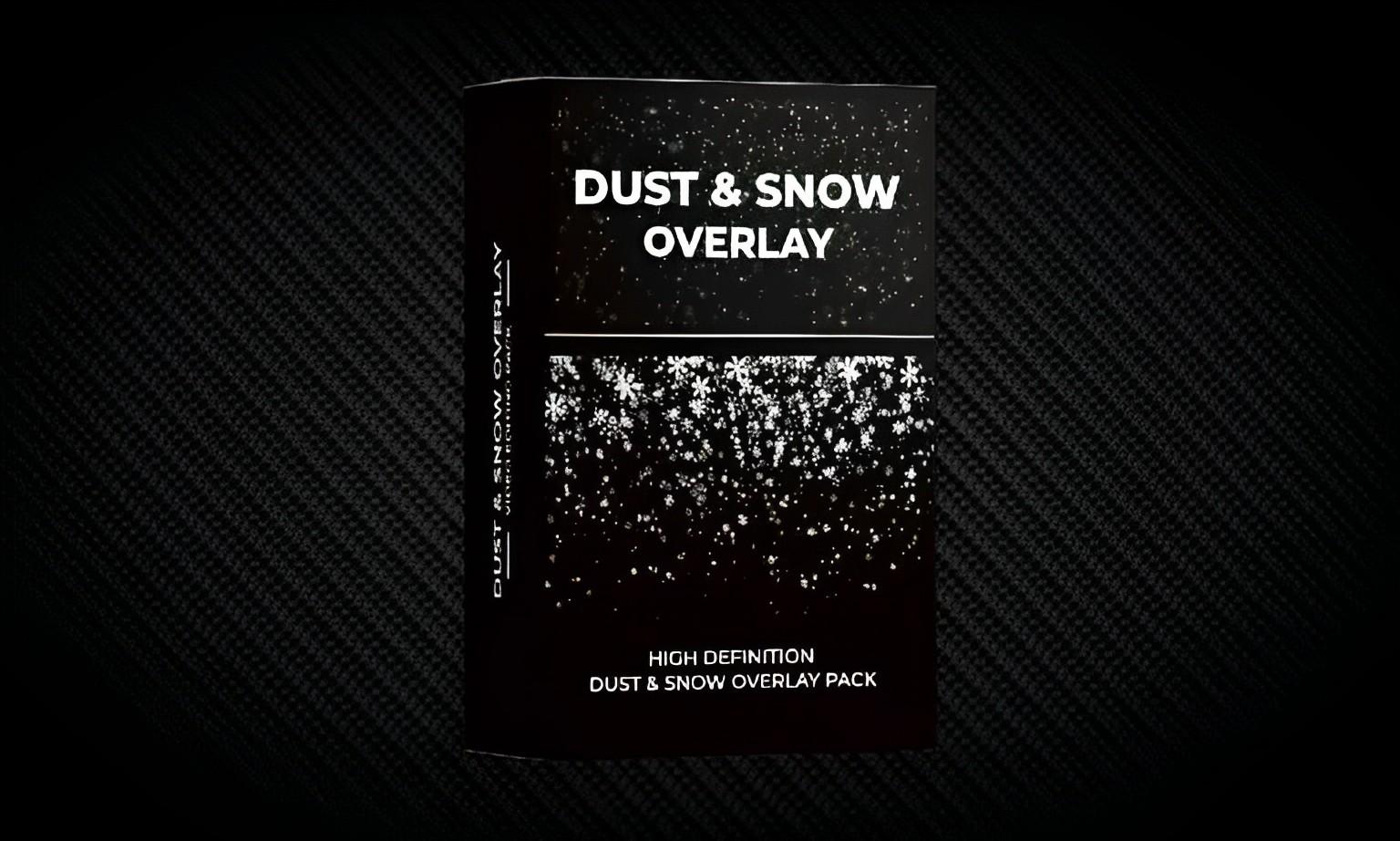 Dust and snow overlay pack box on dark textured background, high definition photo effect