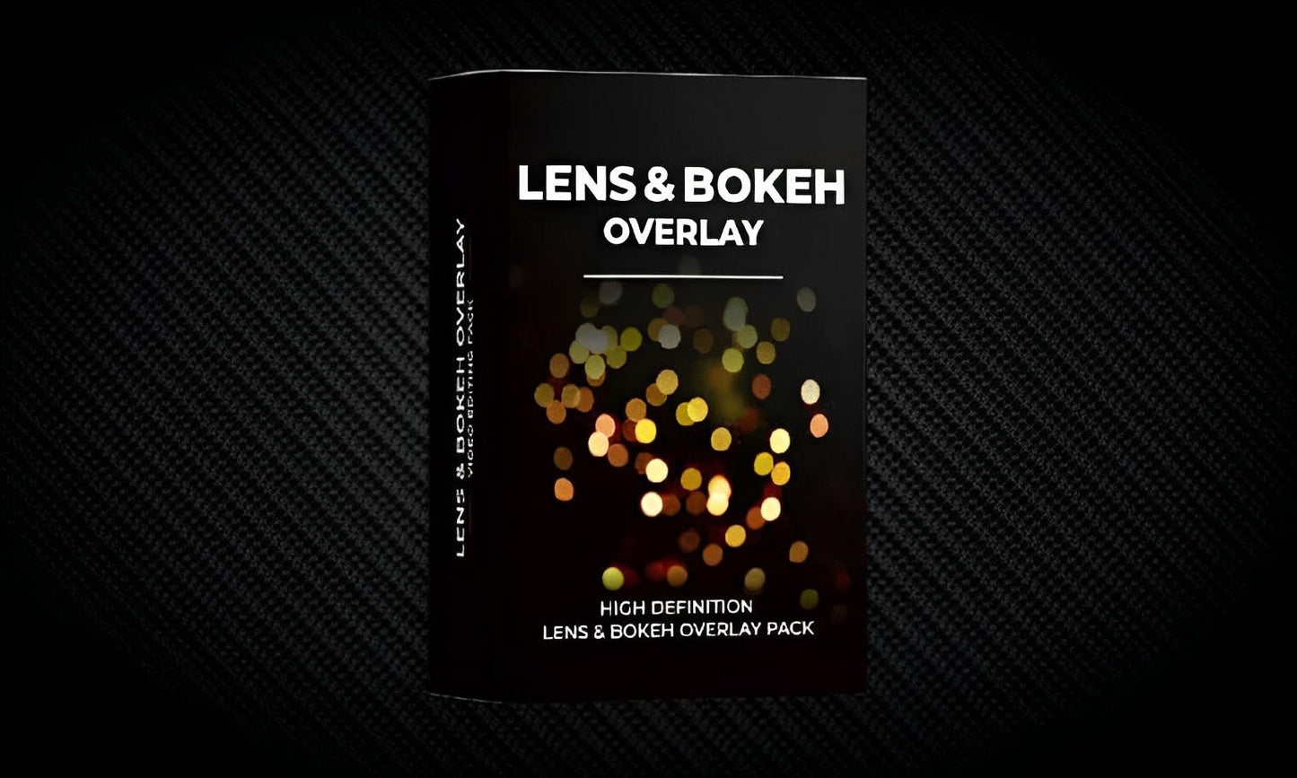 Lens & bokeh overlay pack box with colorful bokeh lights on black textured background