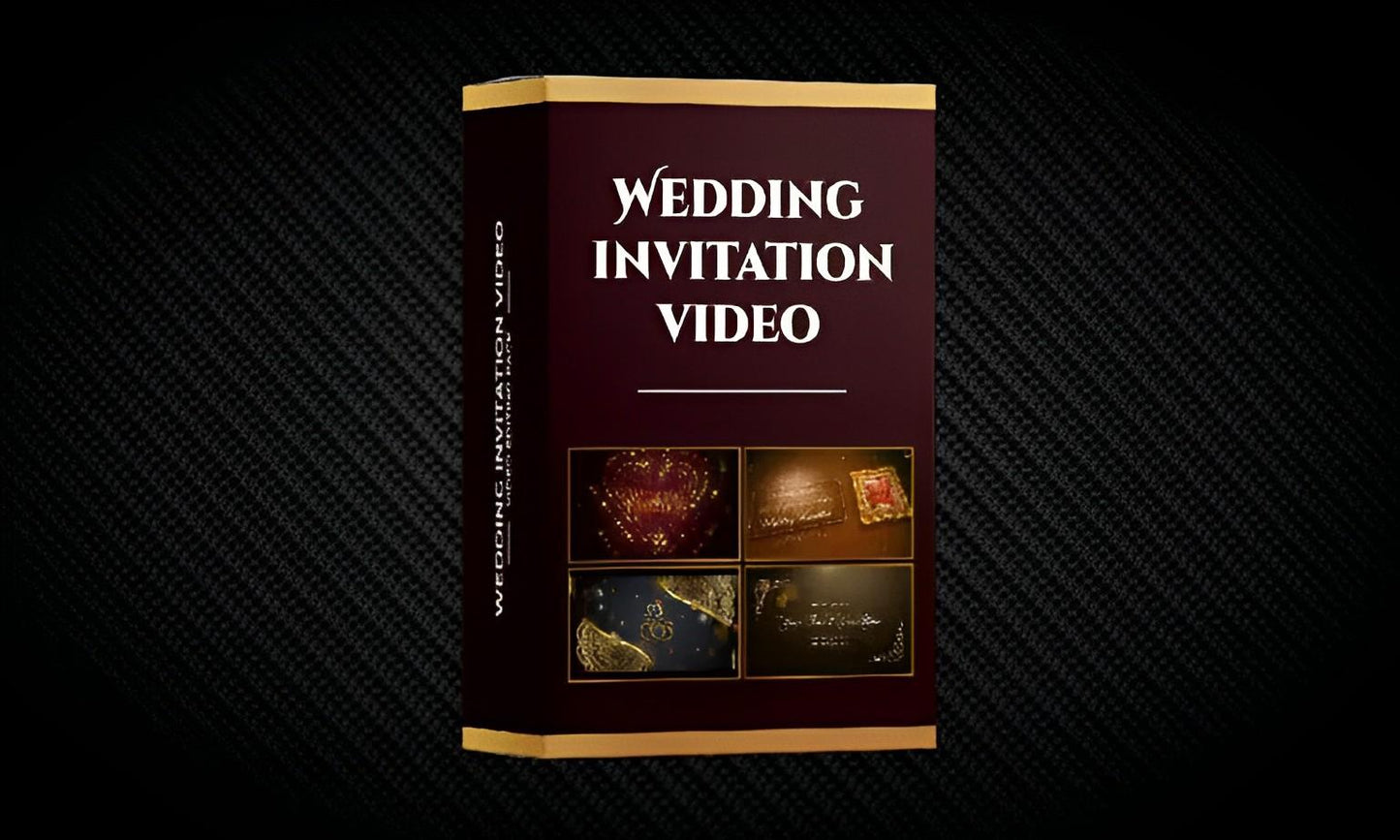 Wedding invitation video box with gold trim and sample images on a dark textured background
