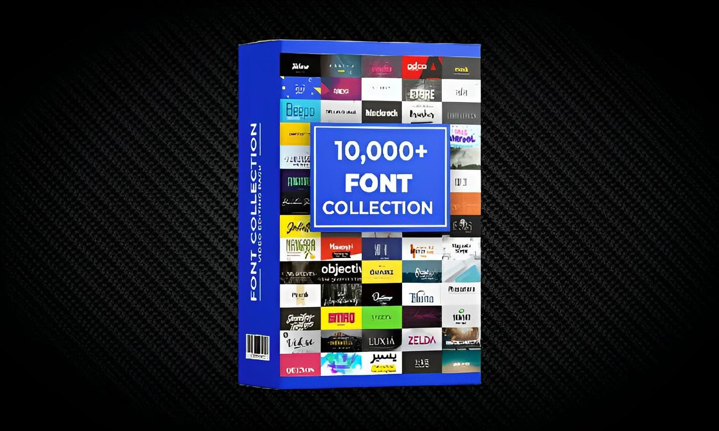 10,000+ font collection box with colorful font samples on a dark textured background
