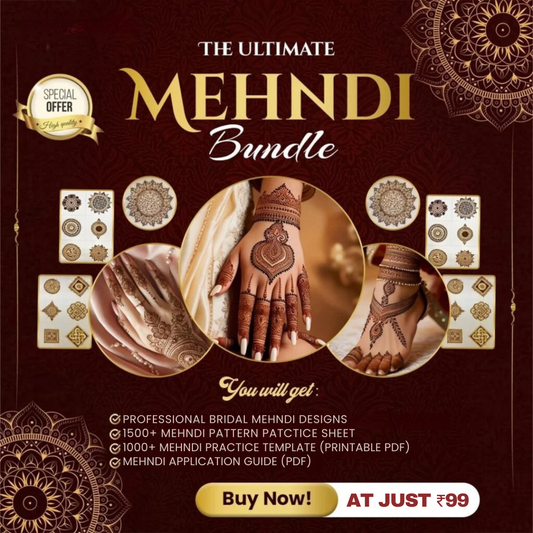 Ultimate Mehndi bundle offer with bridal henna designs, practice sheets, and templates for ₹99