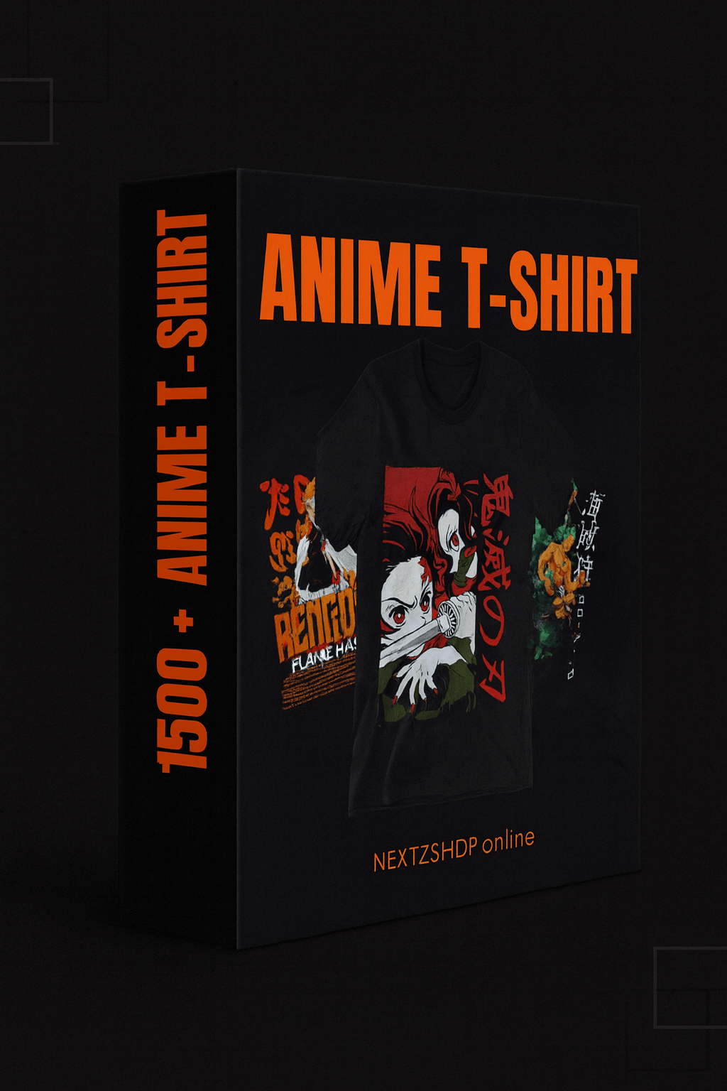 Anime T-shirt box with bold orange text, featuring anime graphic shirt, black background