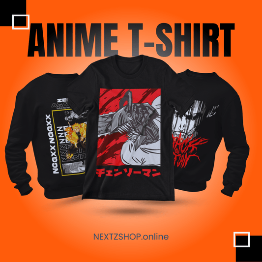 Anime T-shirt and sweatshirts with bold manga graphics on bright orange background, NEXTZSHOP.online