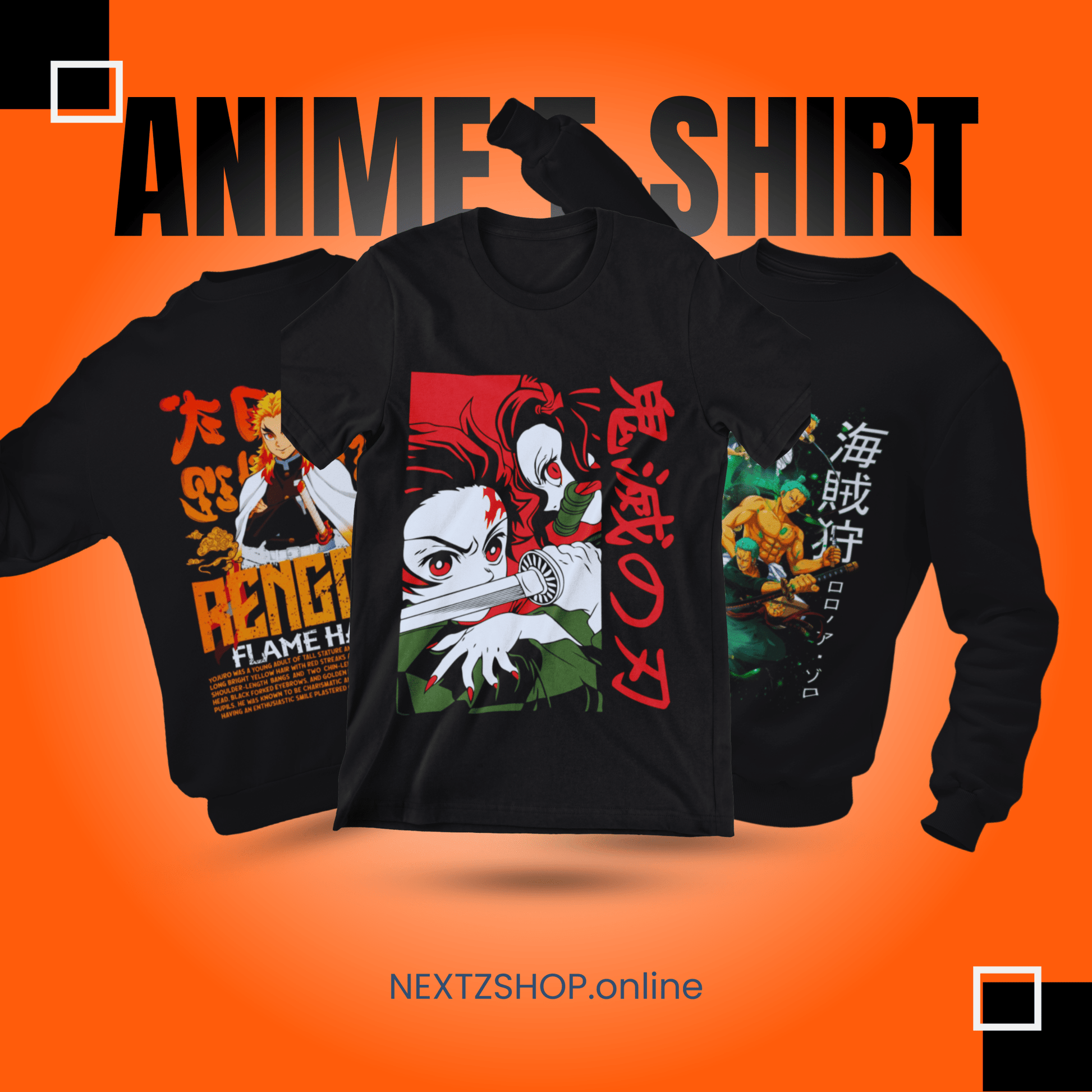 Minimalist anime T-shirt promotion with three black graphic tee designs on orange background