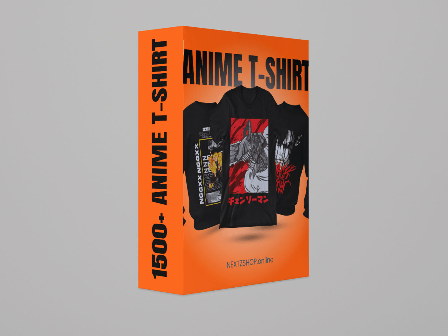 Orange anime T-shirt packaging box with three black graphic anime T-shirts on gray background