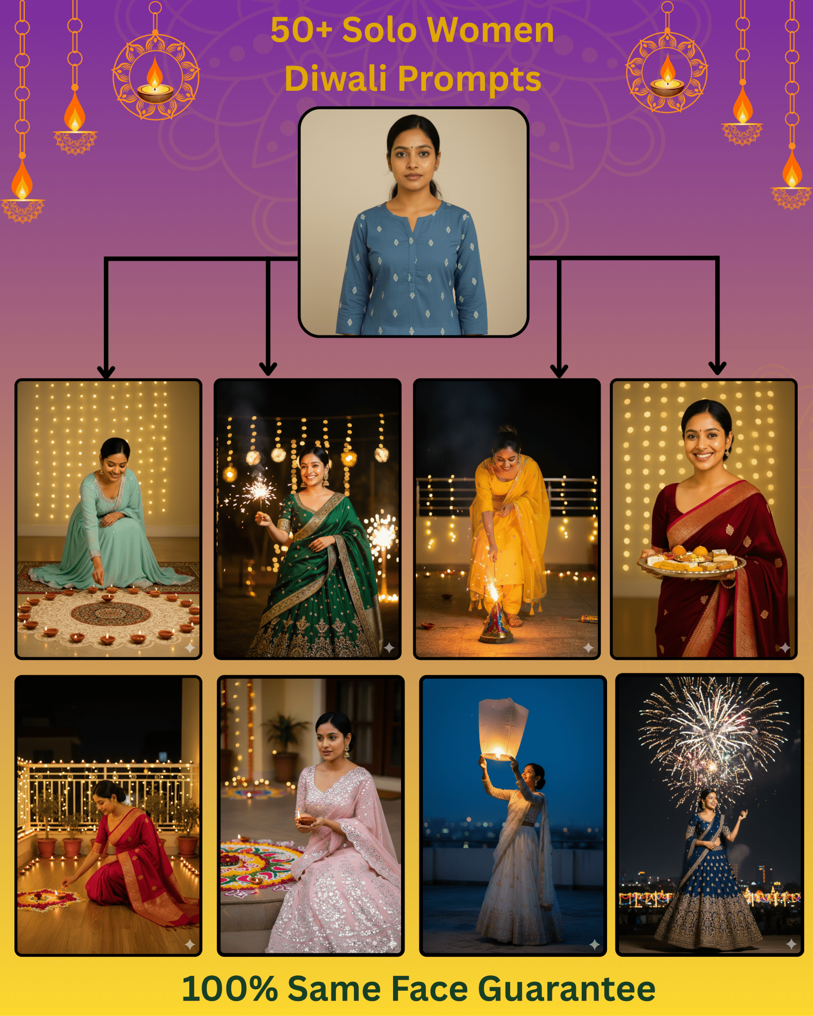 Collage of solo women celebrating Diwali with diyas, sparklers, traditional attire, and fireworks.
