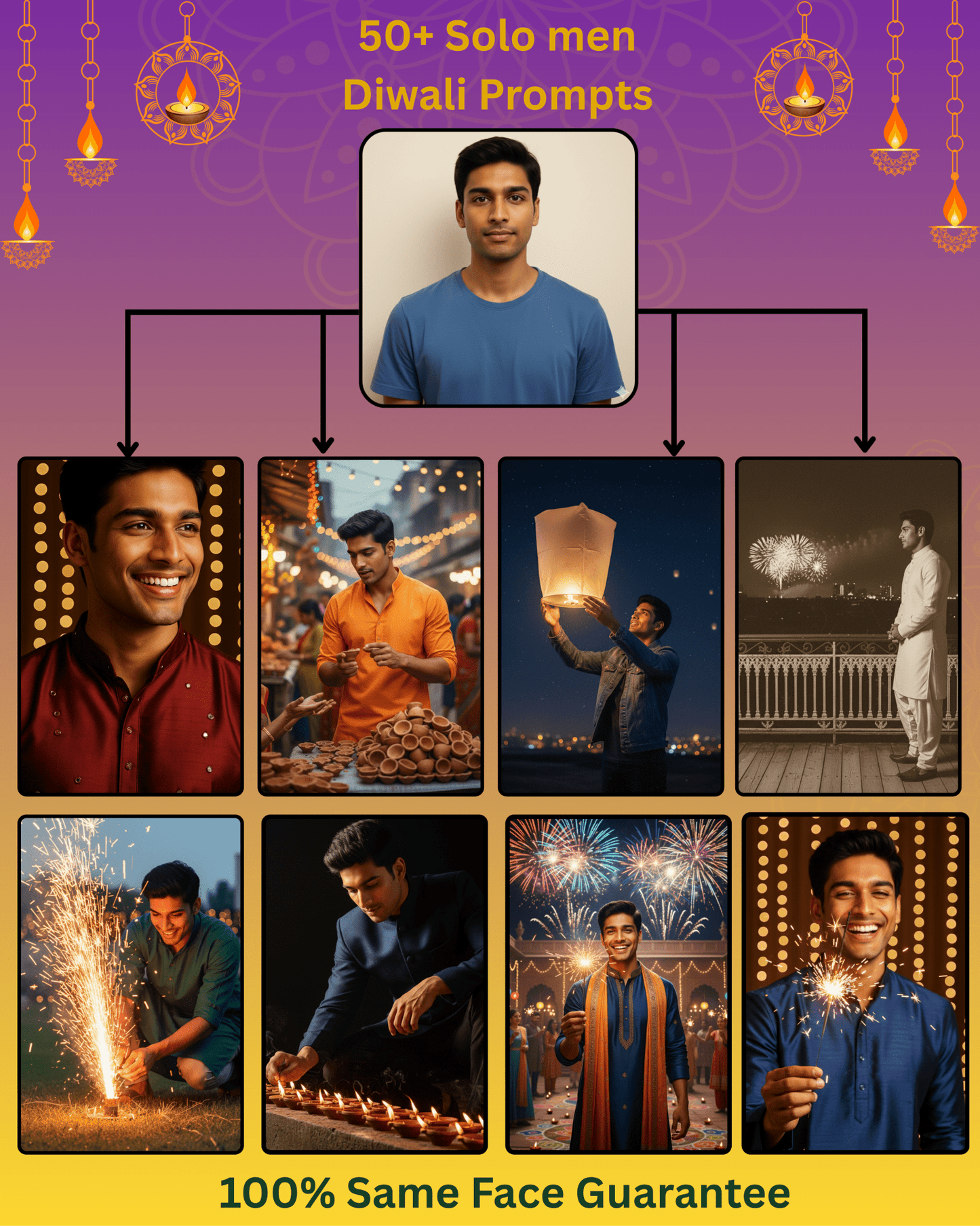Collage of solo Indian man celebrating Diwali with diyas, fireworks, lanterns, festive attire, and text '50+ Solo men Diwali Prompts' on a purple background