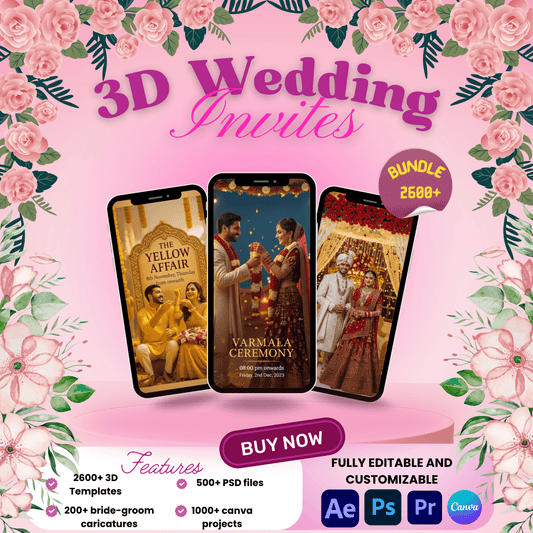 3D wedding invitation bundle ad with floral border and three phone mockups on pink background