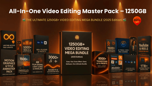 All-in-one 1250GB video editing mega bundle 2025, includes templates, effects, and tools
