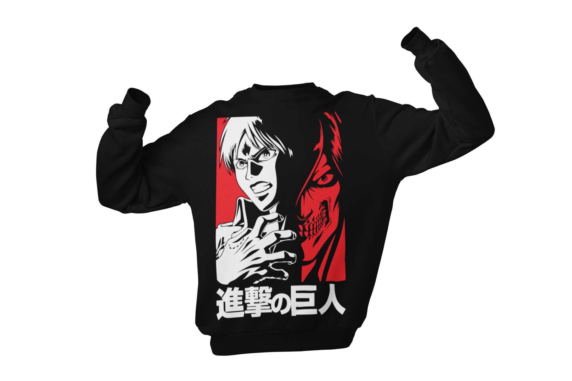 Black crewneck sweatshirt with red and white anime graphic, Japanese text, flexed sleeves
