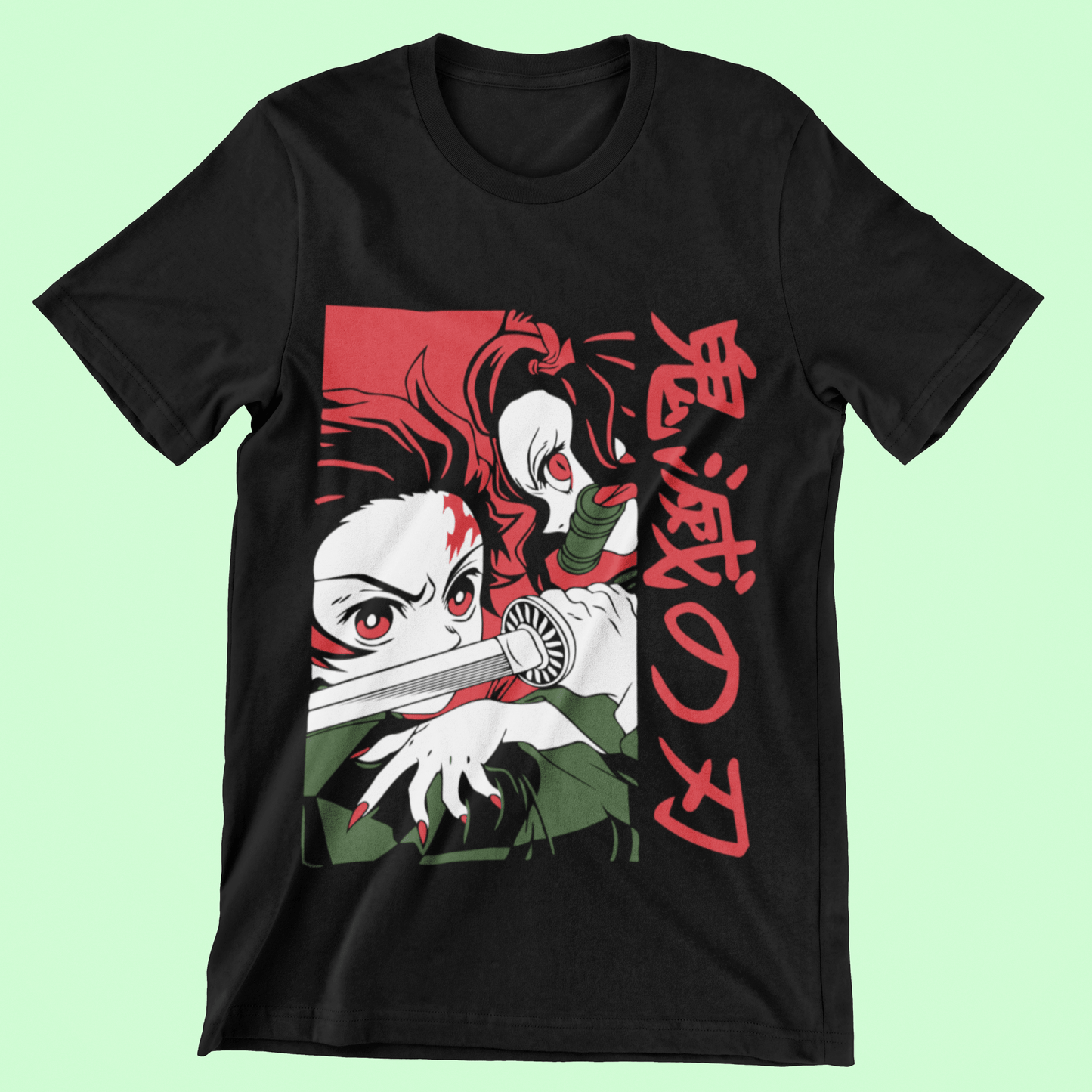 Black crew neck anime graphic t-shirt with bold red and white character illustration on mint background.