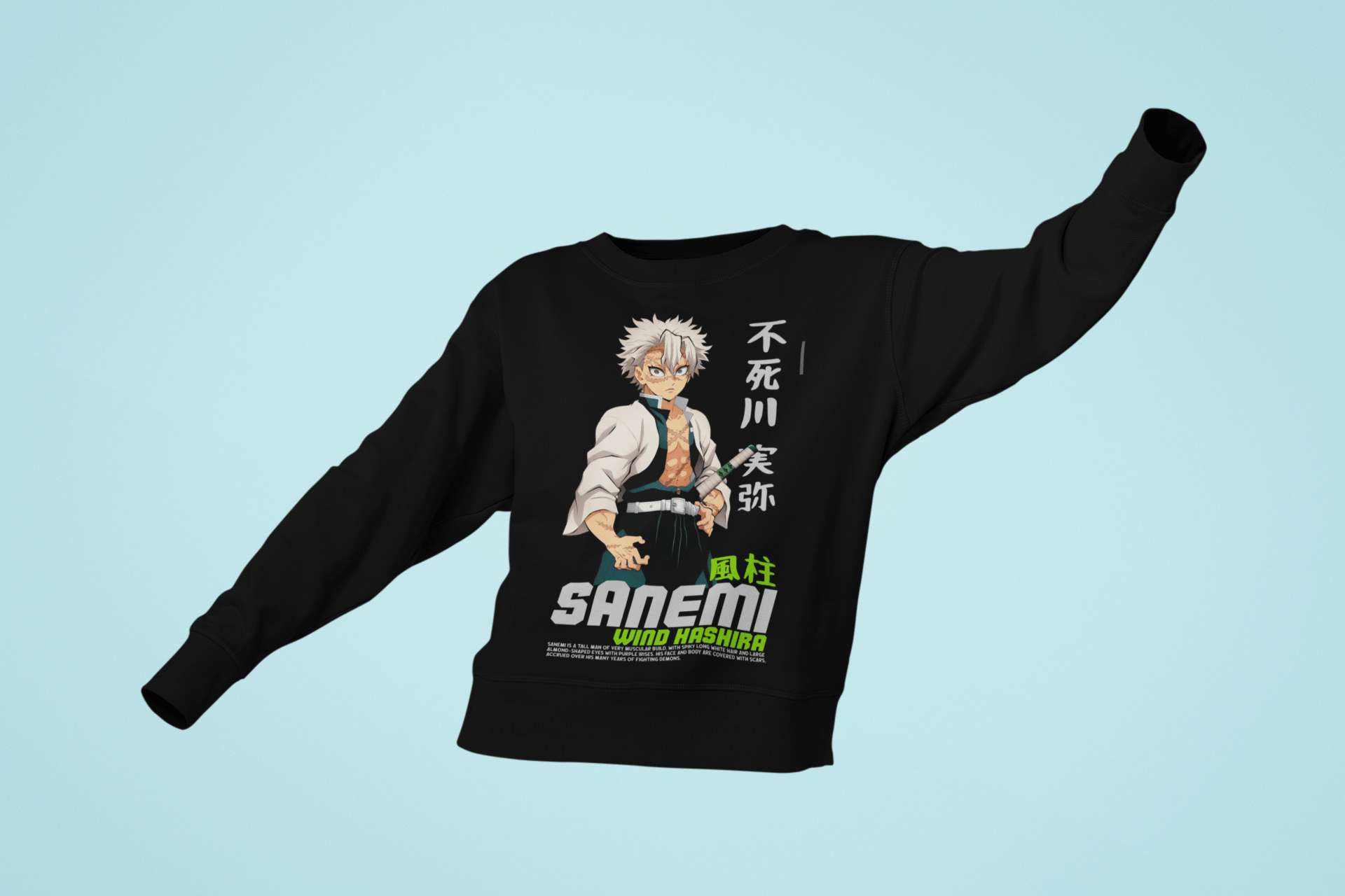 Black crewneck sweatshirt with anime character Sanemi Shinazugawa graphic and Japanese text
