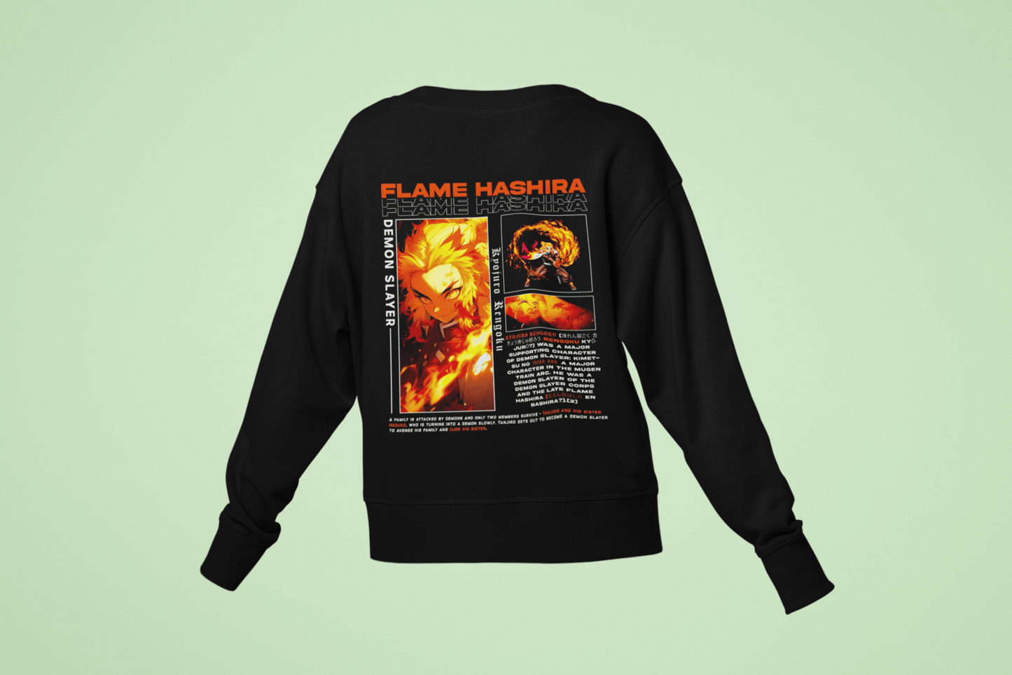Black women's crewneck sweatshirt with Flame Hashira Demon Slayer anime design on back, light green background.