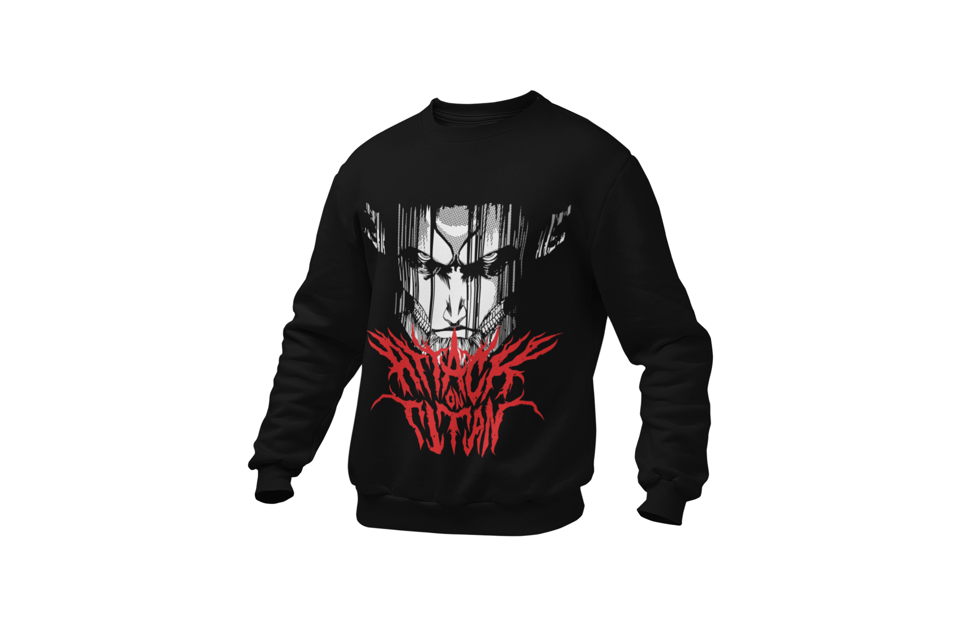 Black crewneck sweatshirt with Attack on Titan face graphic and red logo on green background