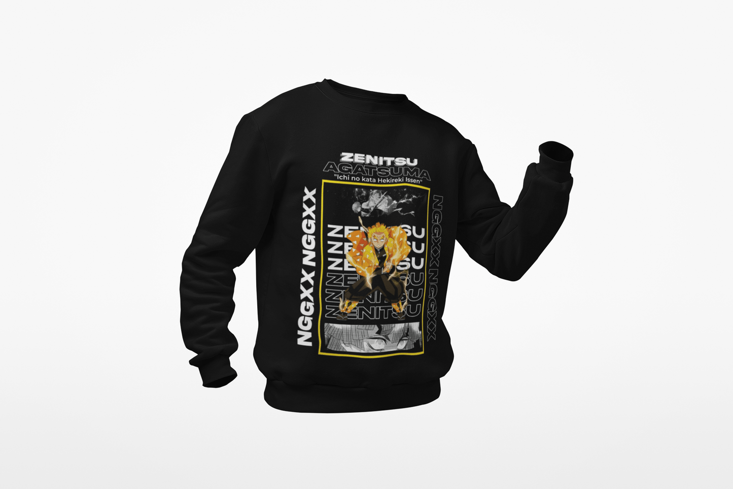 Black sweatshirt with anime Zenitsu Agatsuma graphic, bold text, and yellow accents on front