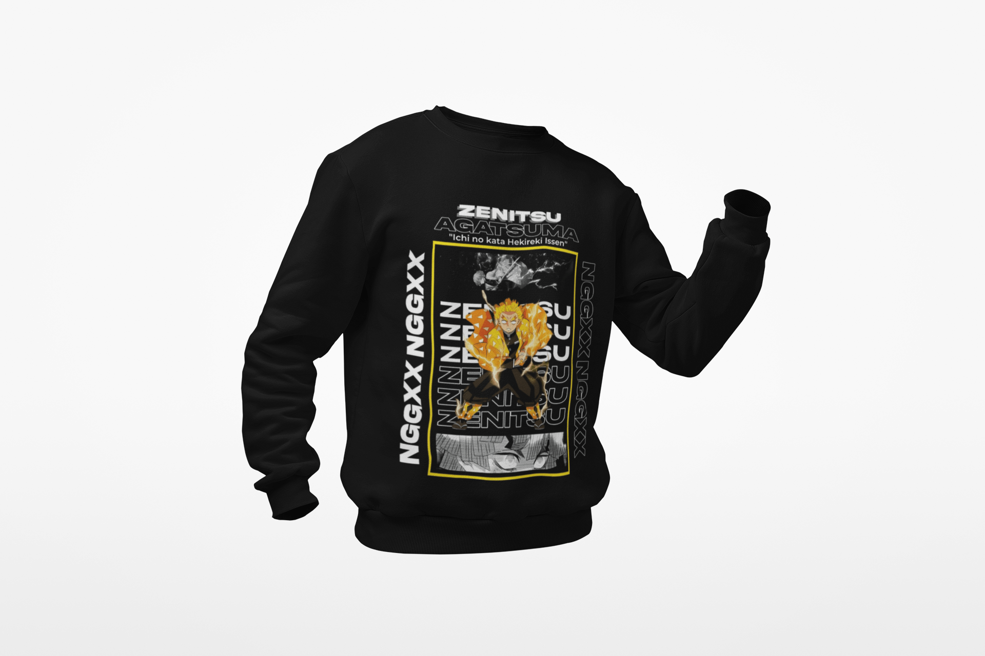 Black sweatshirt with anime Zenitsu Agatsuma graphic, bold text, and yellow accents on front