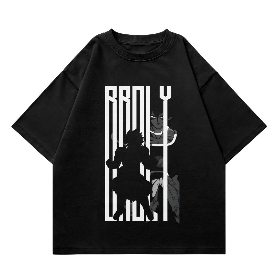 Black oversized T-shirt with Broly silhouette and anime character graphic on front