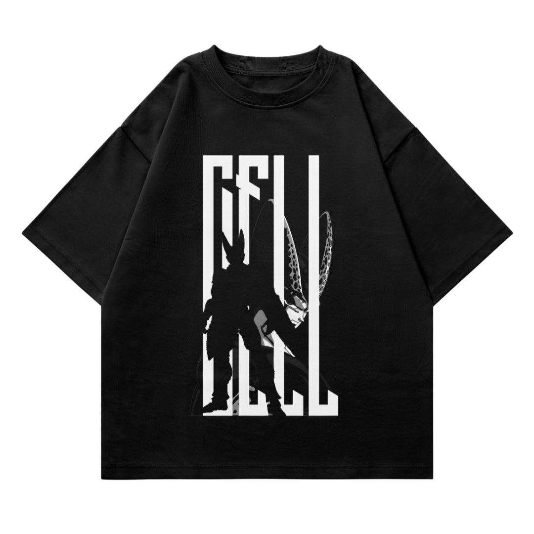 Black oversized t-shirt with bold white 'CELL' text and stylized character graphic on front.