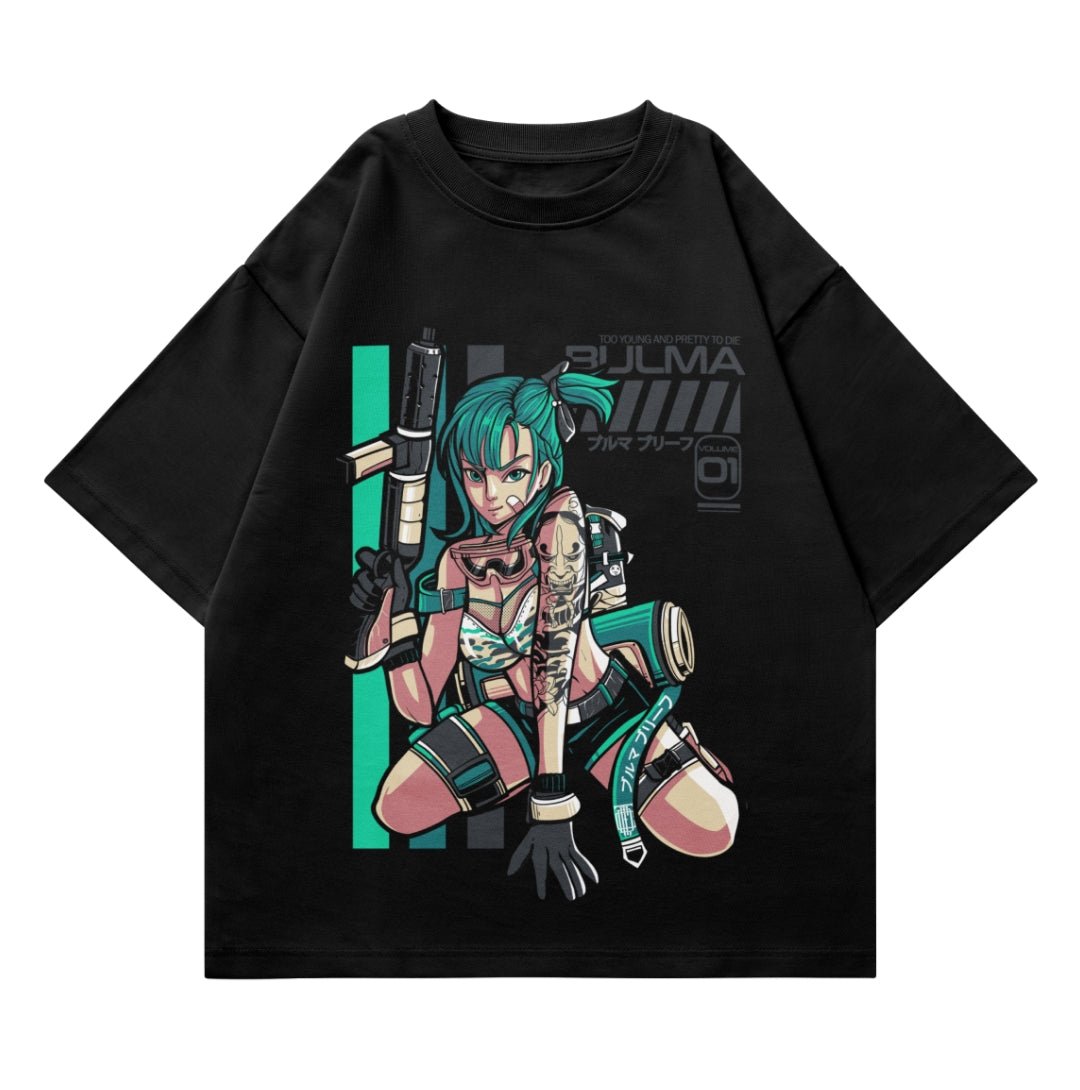 Black t-shirt with anime girl graphic, green hair, holding weapon, cyberpunk style design