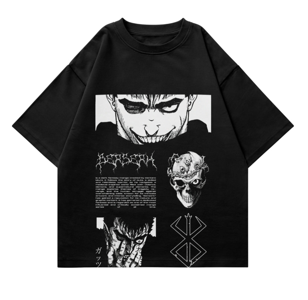 Black oversized T-shirt with manga-inspired dark graphic art and skull illustrations
