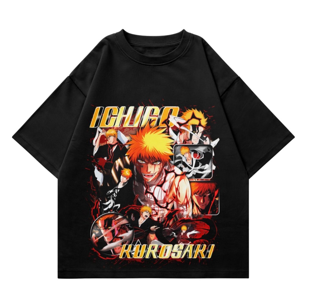 Black t-shirt with Ichigo Kurosaki anime character collage and bold yellow text design