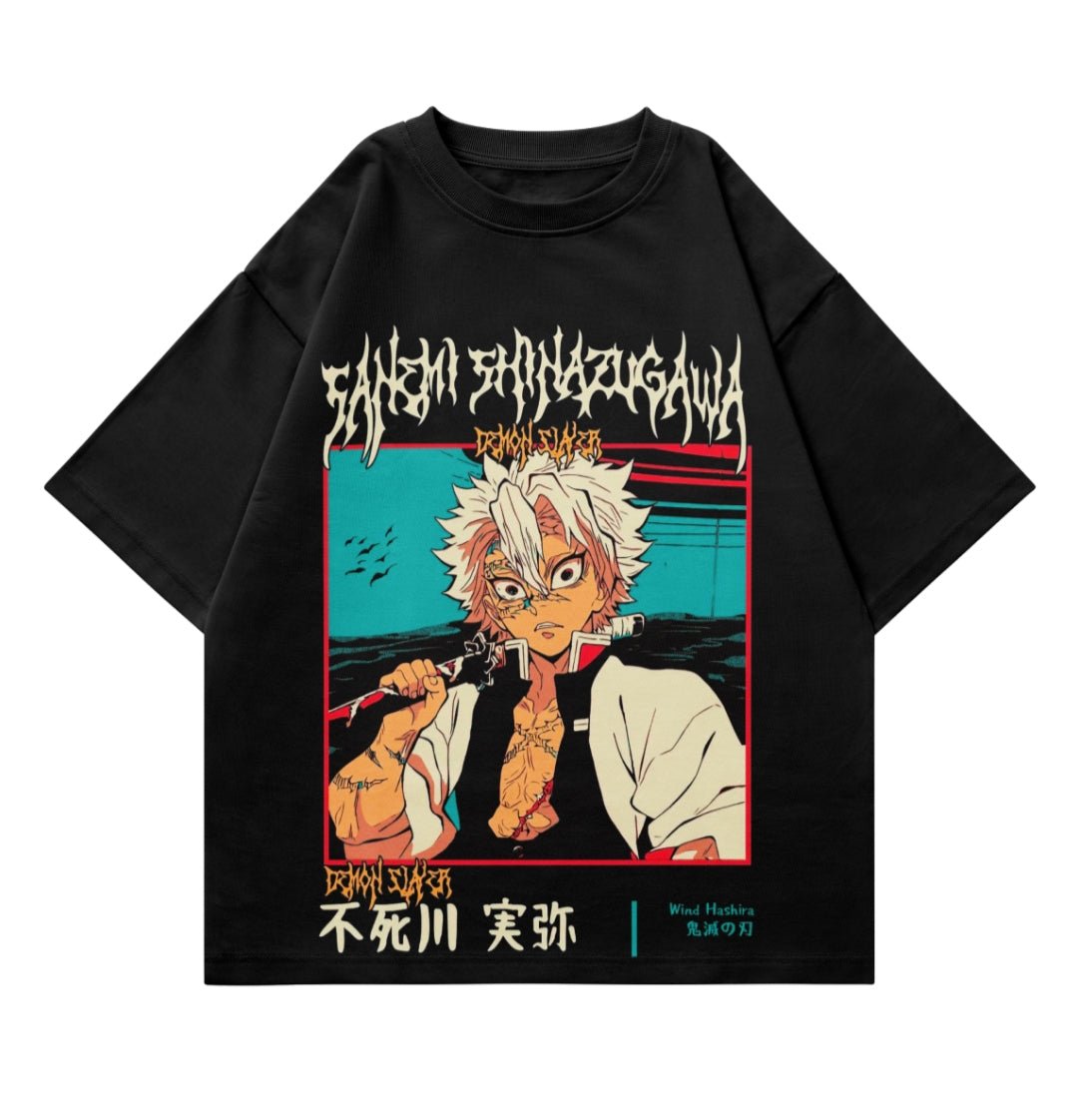 Black anime t-shirt featuring a white-haired sword-wielding character and bold Japanese text.