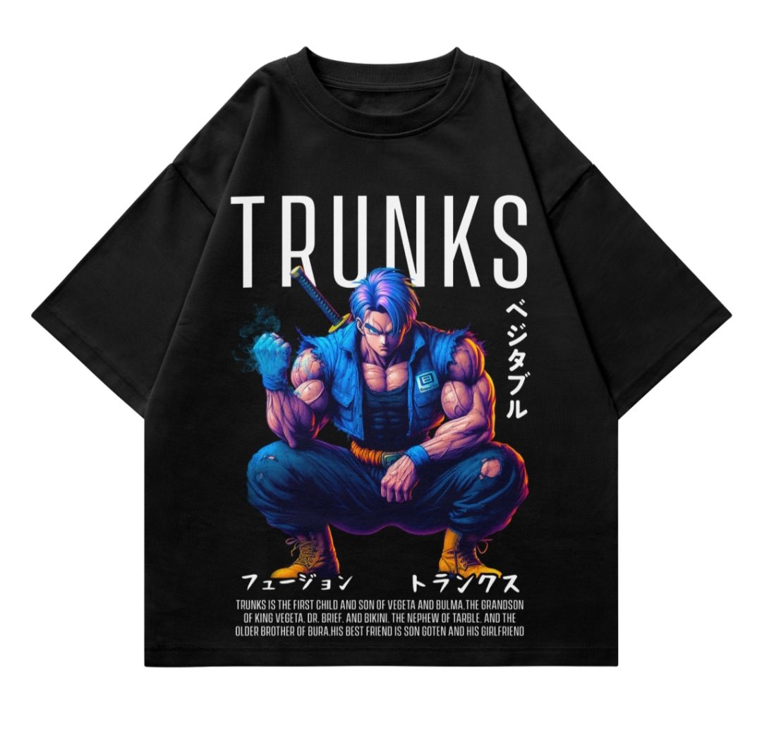 Black T-shirt with anime character Trunks graphic, bold text, and Japanese lettering.