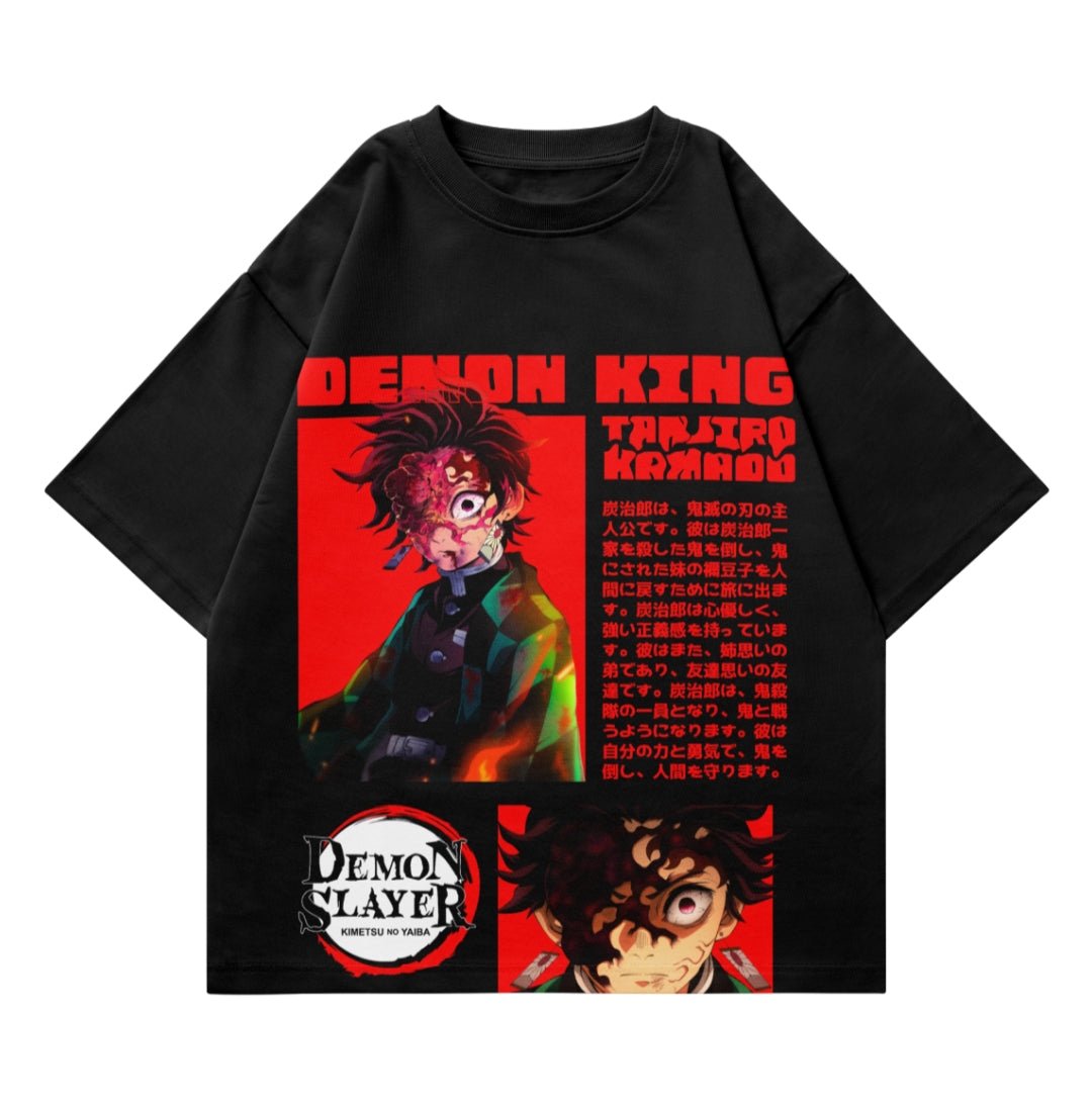 Black Demon Slayer anime T-shirt featuring Tanjiro Kamado with red graphic design and text