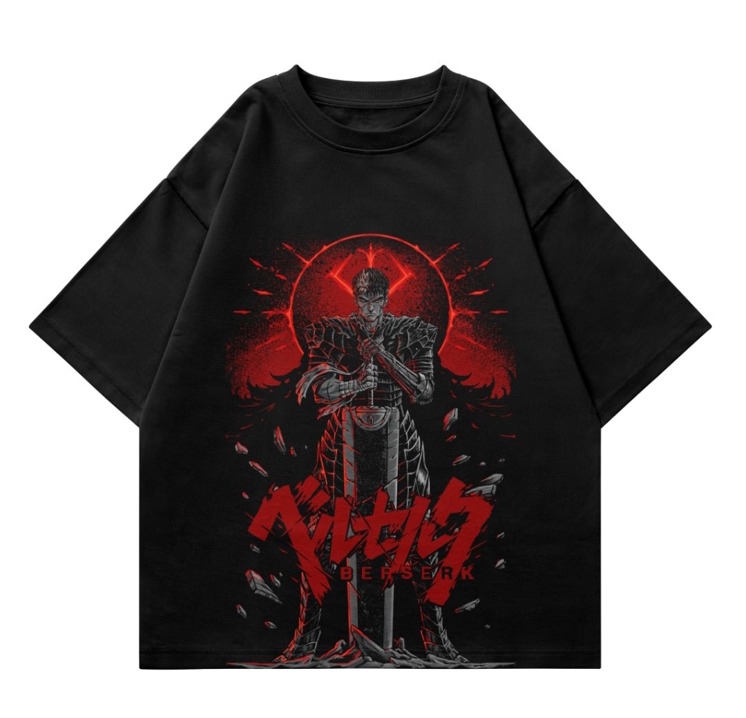 Black Oversized T-shirt featuring Berserk anime character Guts with red sword graphic design