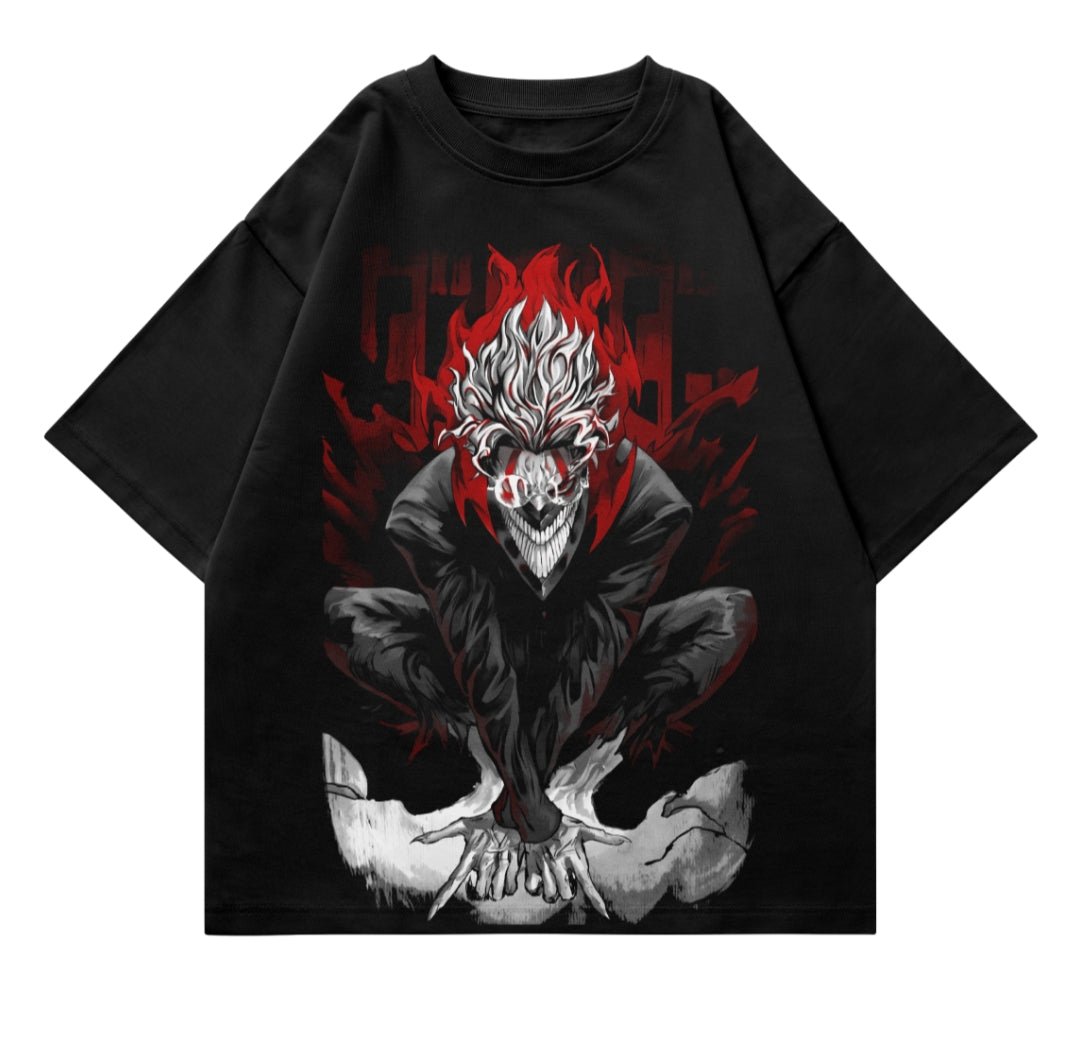 Black t-shirt with graphic of sinister, white-haired anime character, red flames background