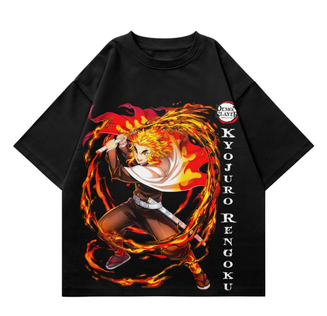 Black t-shirt featuring Kyojuro Rengoku from Demon Slayer with flaming sword design